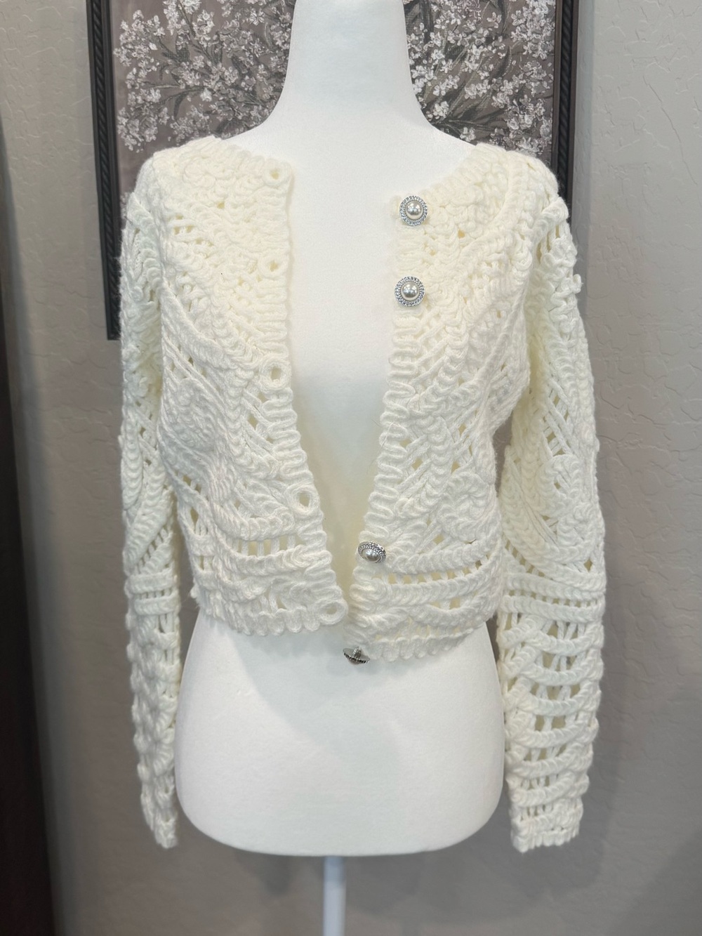 Elegant Ivory Crochet Knit Button Cardigan Sweater